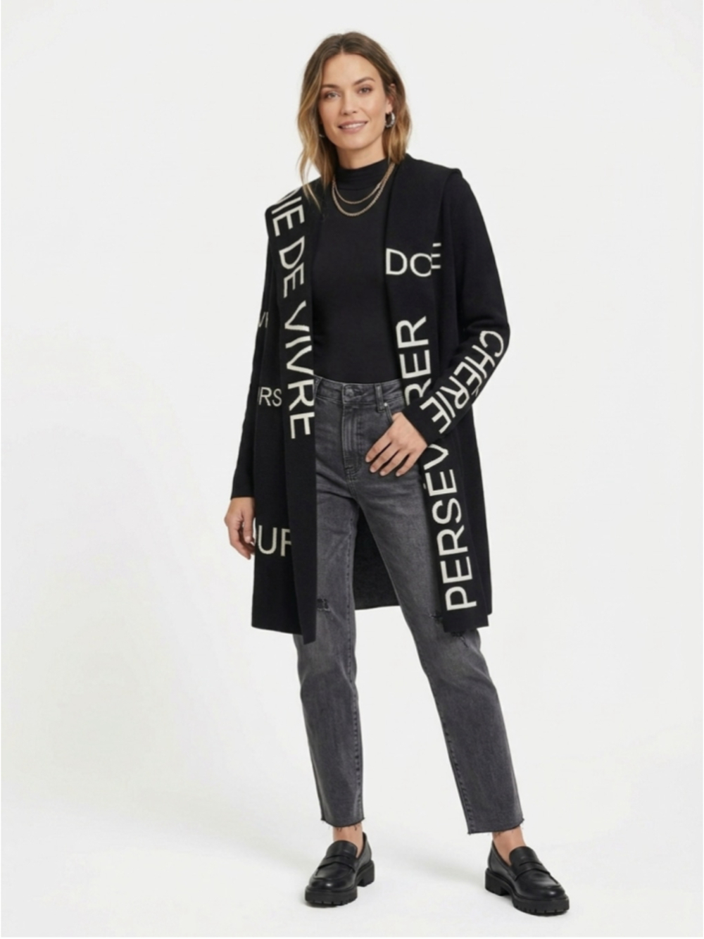 Frank Lyman Montreal Woven Text Graphic Open Front Hoodie Long Sweater XL